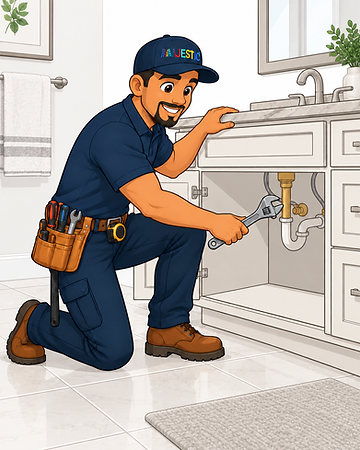 Majestic Handyman Services mascot kneeling on a bathroom floor using an adjustable wrench on plumbing pipes inside an open vanity cabinet