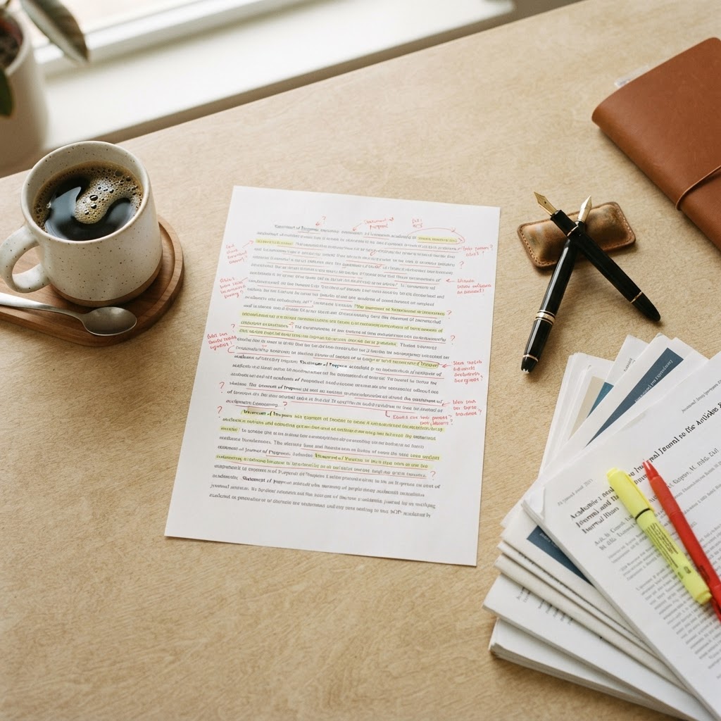 Printed statement of purpose with red and yellow annotations
