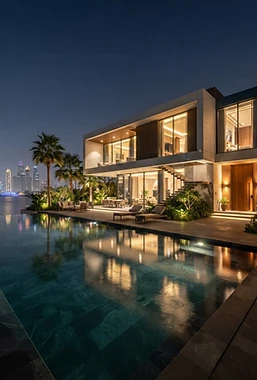Luxury Dubai villa exterior at evening