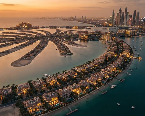 Aerial view of Palm Jumeirah Dubai at dusk