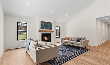 Living room with a fireplace, mid-century sofas, and a patterned rug