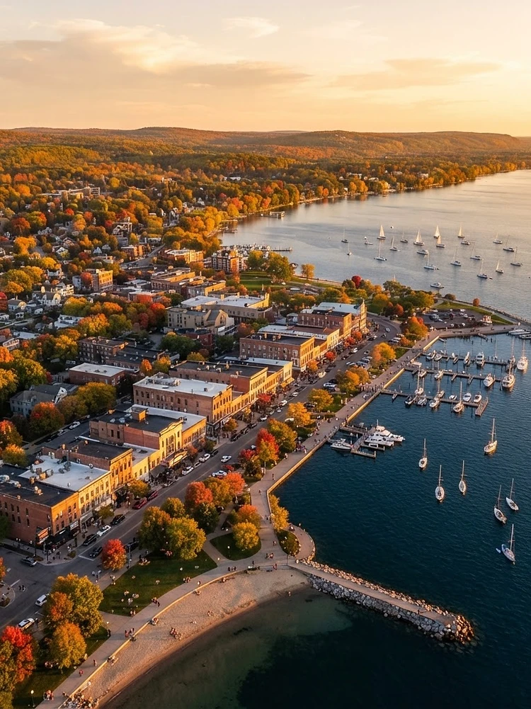 Aerial view of Traverse City waterfront at golden hour