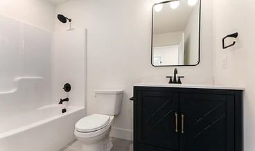 Bathroom with charcoal vanity and brass hardware