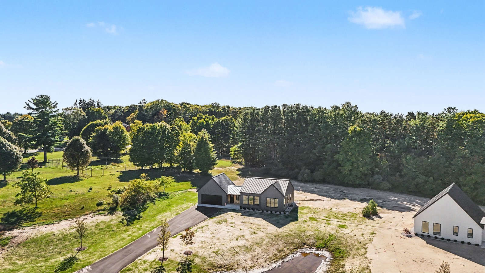 Aerial view of a Northworks home under construction in the Fireside community, Traverse City, Michigan