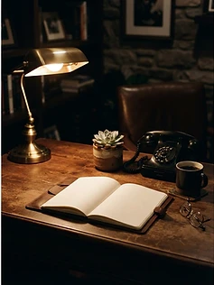 Moody architect's desk with brass lamp, notebook, and telephone for contacting Northworks Builders