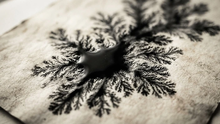 Black ink spreading across parchment paper in organic patterns