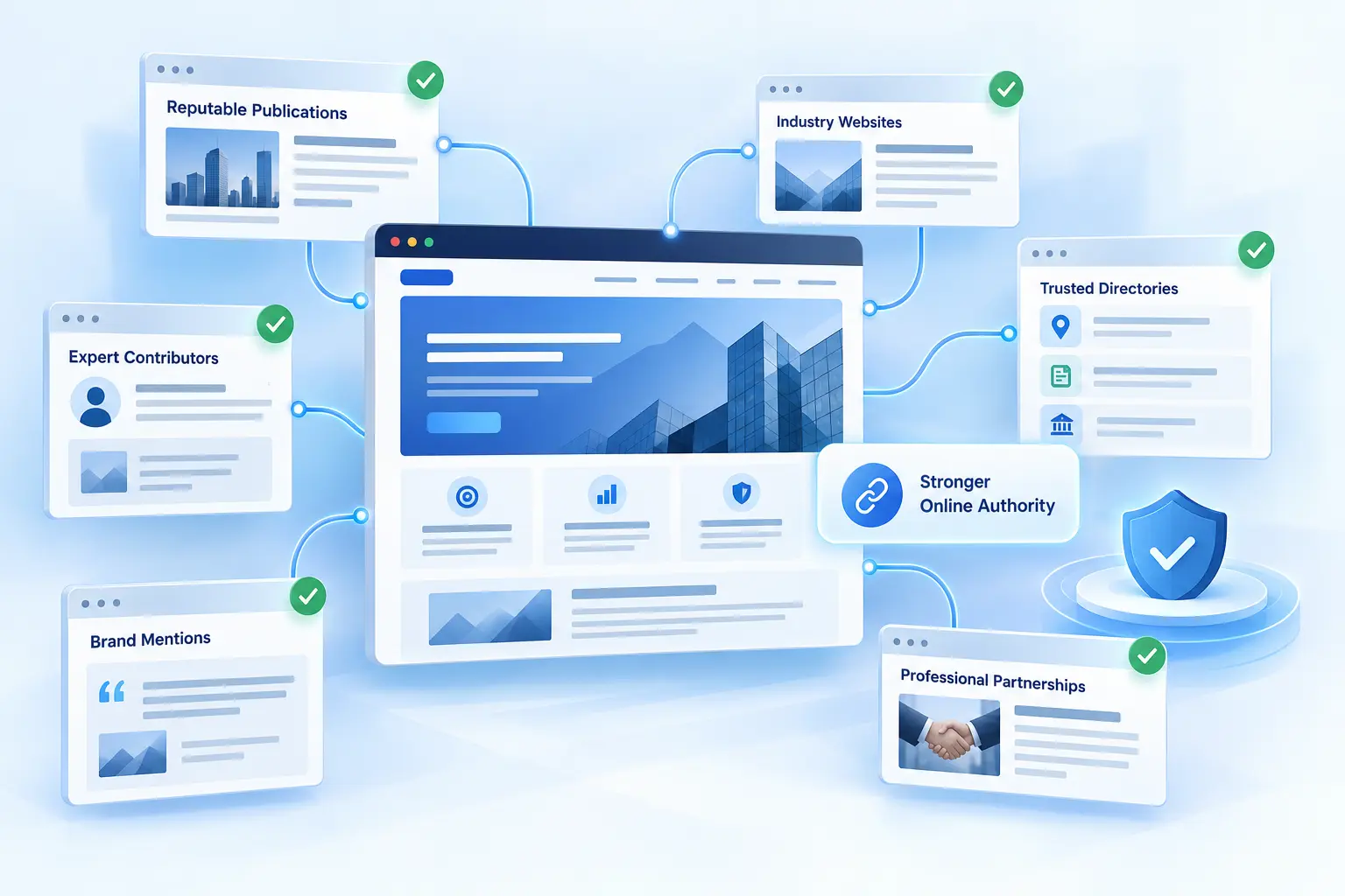 Off-Page SEO authority ecosystem connecting a business website with reputable publications, industry websites, directories, brand mentions, expert contributors, and professional partnerships