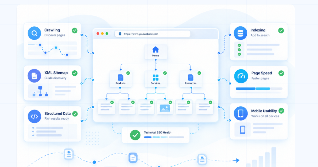 Technical SEO dashboard showing website architecture, crawling, indexing, performance, mobile usability, XML sitemaps, and structured data checks