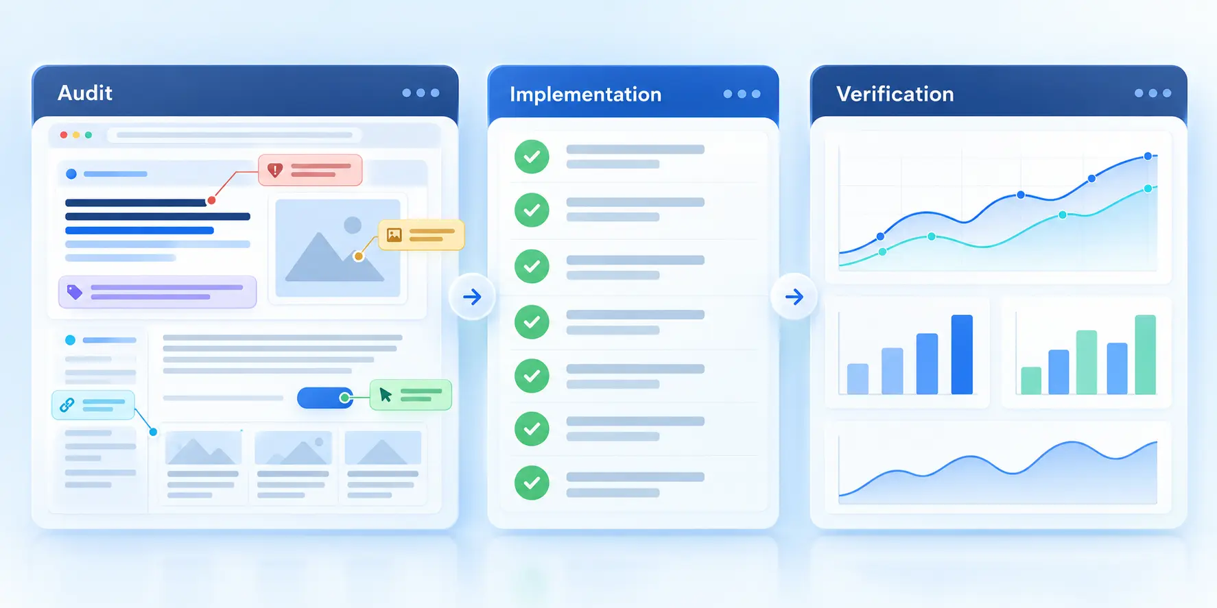 Illustrative On-Page SEO case study workflow showing audit, implementation, and verification stages