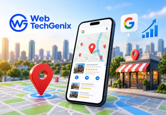 Local SEO concept showing a smartphone with Google Maps, location pins, and a storefront