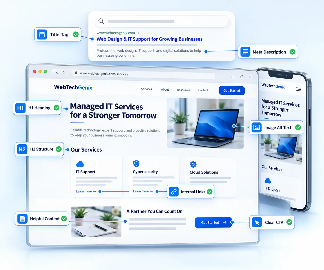 Website anatomy audit highlighting title tags, meta descriptions, headings, content, internal links, image alt text, and mobile usability