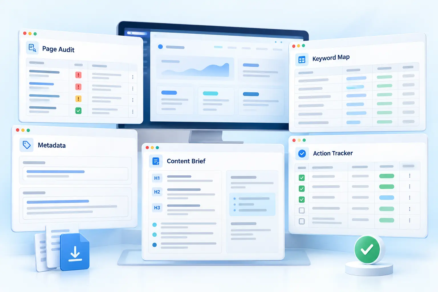 On-Page SEO deliverables including a page audit, keyword map, metadata recommendations, content brief, and action tracker