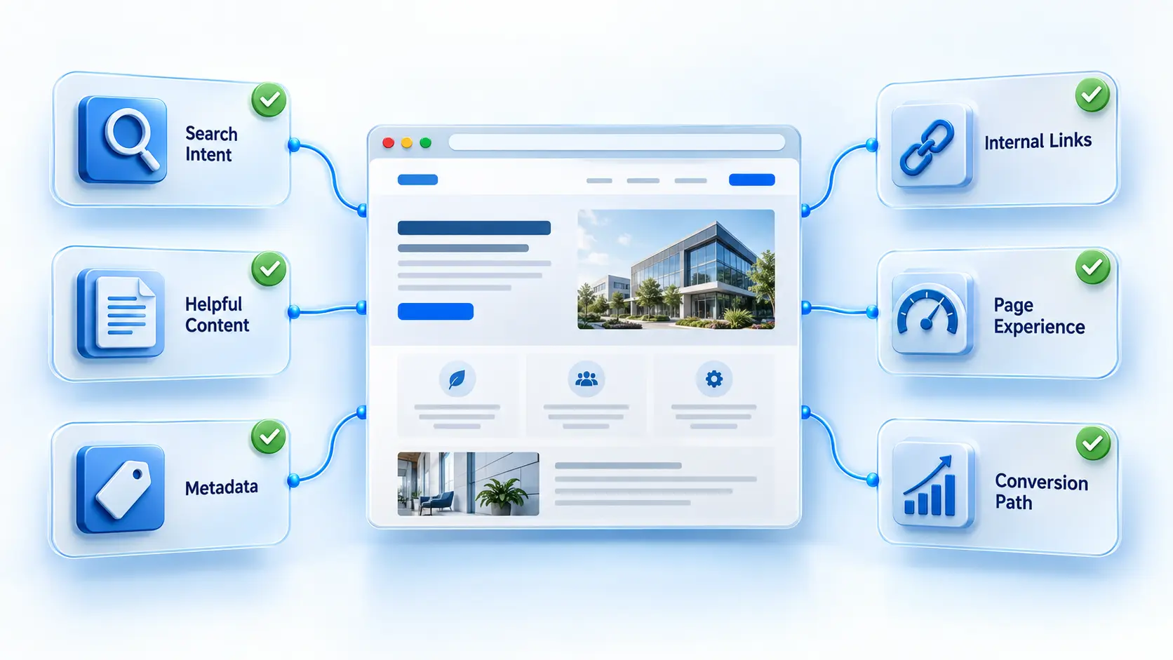 On-page SEO ecosystem connecting search intent, helpful content, metadata, internal links, page experience, and conversion paths