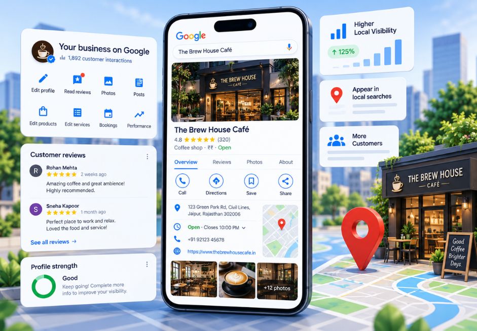 Google Business Profile management dashboard showing customer interactions, reviews, and local visibility metrics