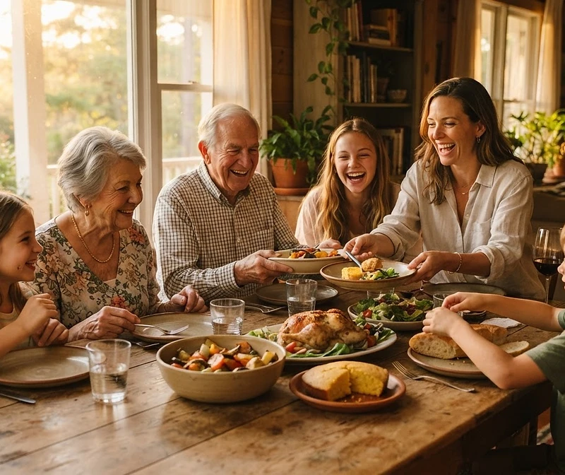 A Georgia family sharing a meal in golden hour light