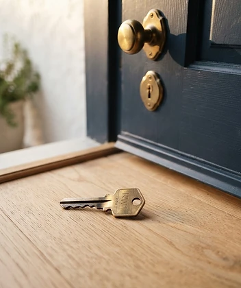 House key on a warm wooden surface