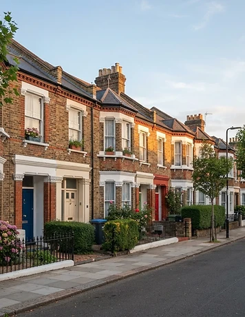 Row of UK terraced houses at golden hour