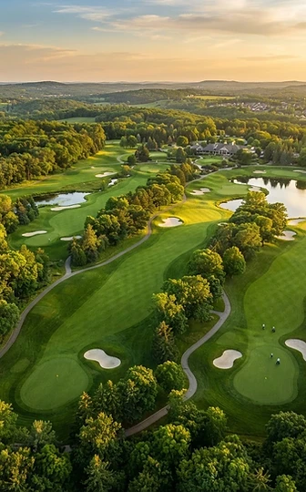 Drone shot overlooking a golf course at golden hour