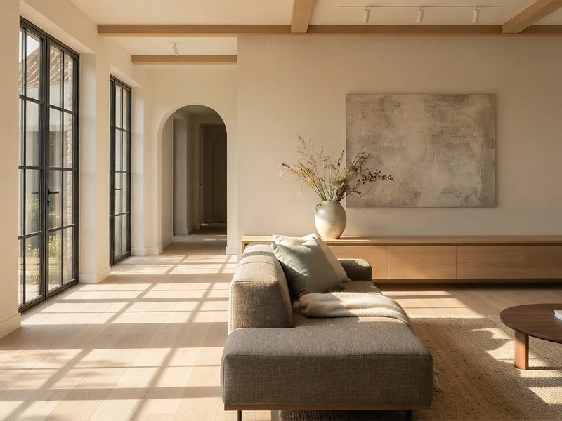 A serene, sun-drenched minimalist living room curated by ZOMA Home Services