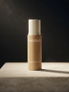 MeltStick Solid Lip Serum standing on a dark stone pedestal