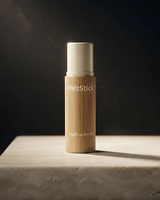 The MeltStick solid lip serum in its natural bamboo case on a dark stone pedestal