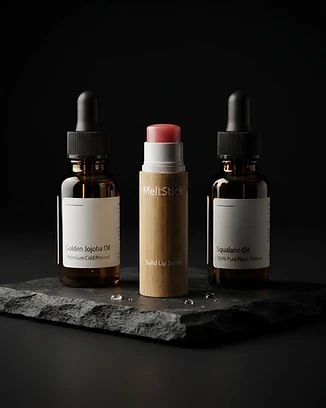 The same stick beside amber bottles of jojoba and squalane oil