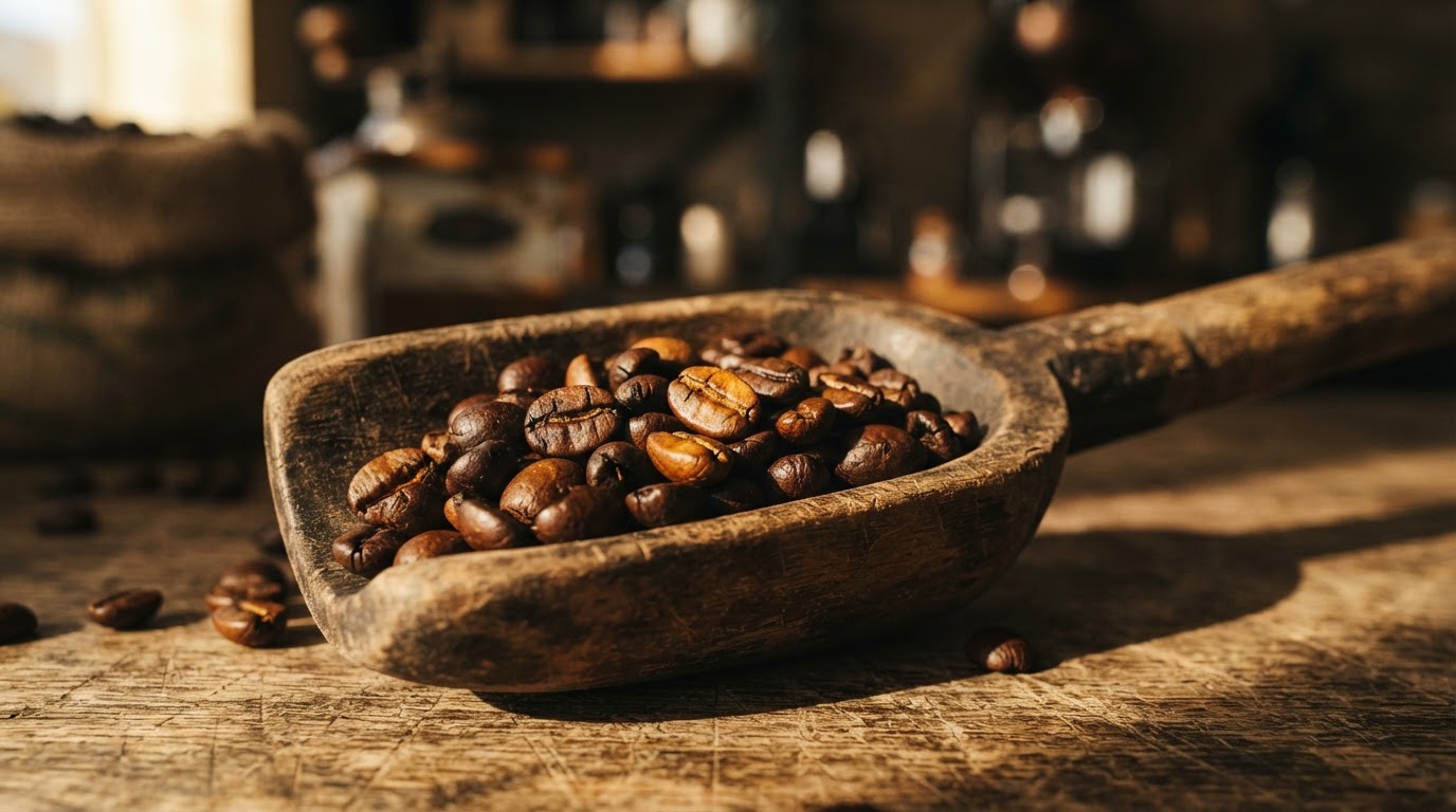 Freshly roasted coffee beans in a wooden scoop under warm morning light