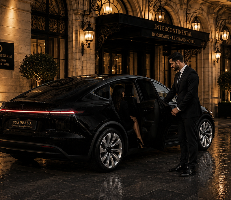 Chauffeur privé Bordeaux Signature — accueil devant l'Intercontinental Bordeaux