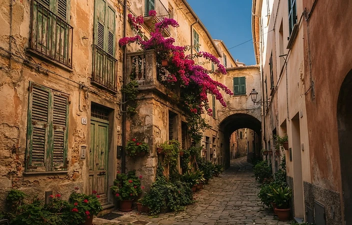 Old Italian alley with aged limestone walls, faded green shutters and magenta bougainvillea in warm afternoon light