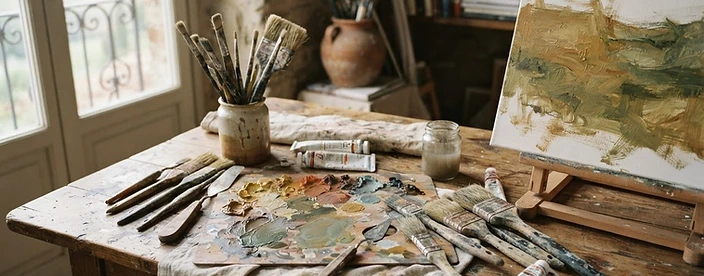 Painter's worktable in an Italian studio with worn brushes and a palette of ochre and green acrylic