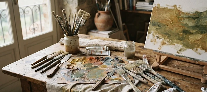 Painter's worktable in an Italian studio with worn brushes, a palette of ochre and green acrylic, and an unfinished stretched canvas