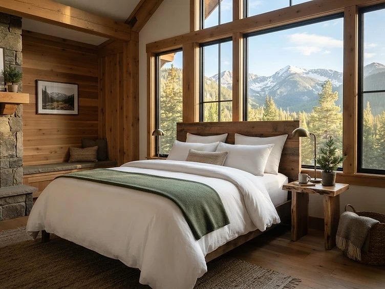 A pristine mountain cabin bedroom with crisp white linens reset and ready for the next guest