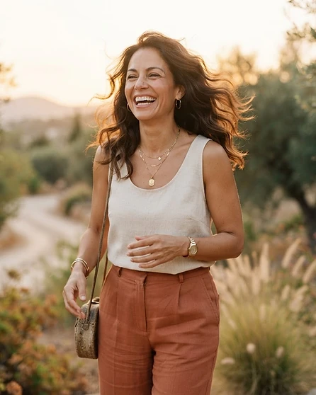 Mujer de 40 años riendo y disfrutando la vida