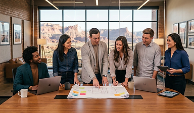 Team collaborating around a conference table in a bright office