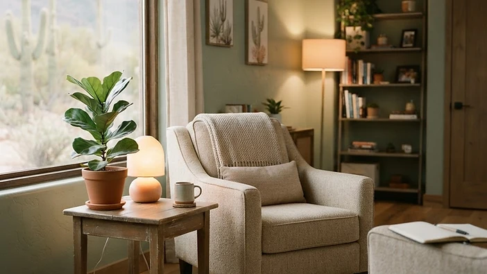 Calm, welcoming Arizona therapy clinic counseling room with a comfortable chair and soft natural light