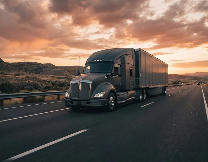 Modern semi-truck driving on an open interstate at golden hour