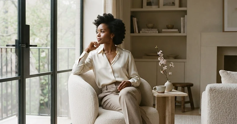 An accomplished woman in a warm, considered interior