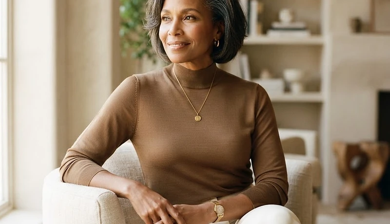 Editorial portrait of an accomplished woman in a warm architectural interior