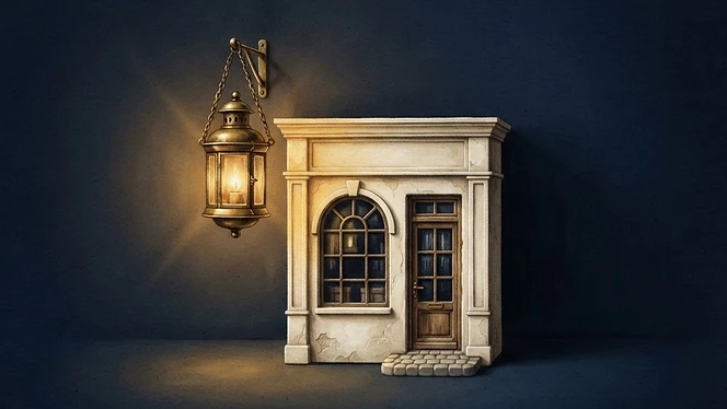 Brass lantern lighting a small shopfront model