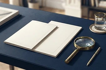 Two portfolio folders and a brass magnifying glass on a navy desk