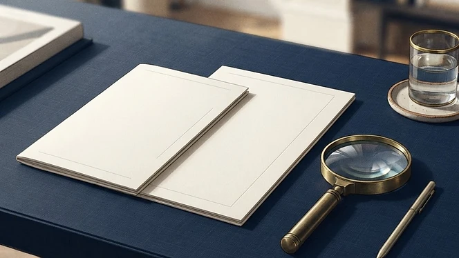 Two portfolio folders and a brass magnifying glass on a navy desk