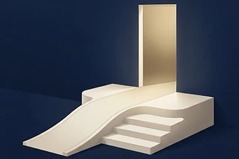 Ivory ramp and steps leading to a glowing open doorway