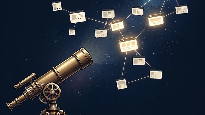 Brass telescope pointed at a constellation of web page cards