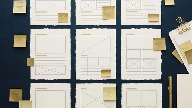 Storyboard of ivory paper layouts and gold sticky notes