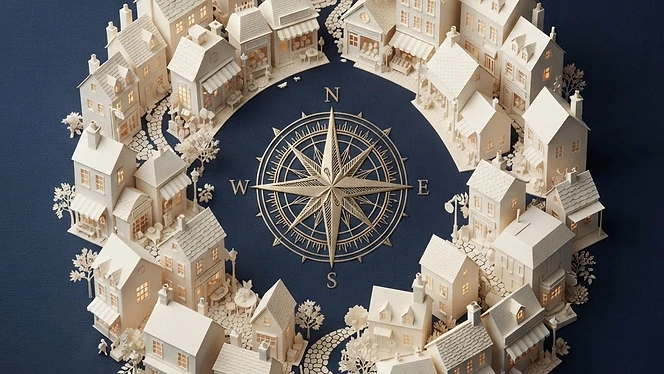 Small paper houses and shopfronts around a gold compass rose
