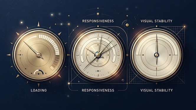 Three gold gauges on navy representing loading, responsiveness and stability