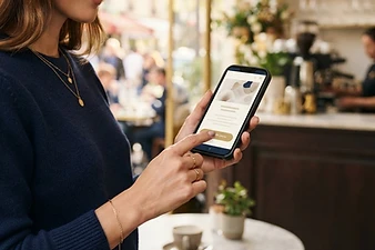 Person in a café holding a smartphone one-handed, thumb near a button on a clean website layout