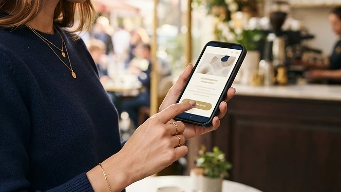 Person in a café holding a smartphone one-handed, thumb near a button on a clean website layout