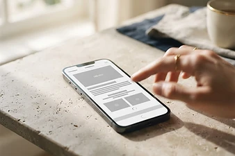 Smartphone on a stone surface showing a website still loading with grey placeholder blocks