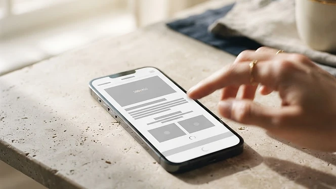 Smartphone on a stone surface showing a website still loading with grey placeholder blocks